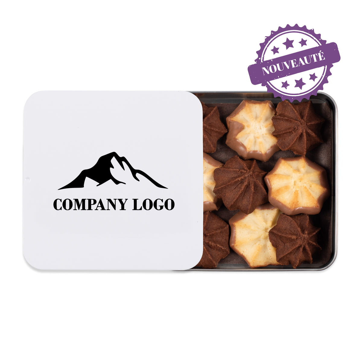 Boîte métallique blanche personnalisée de biscuits sablés chocolatés assortis