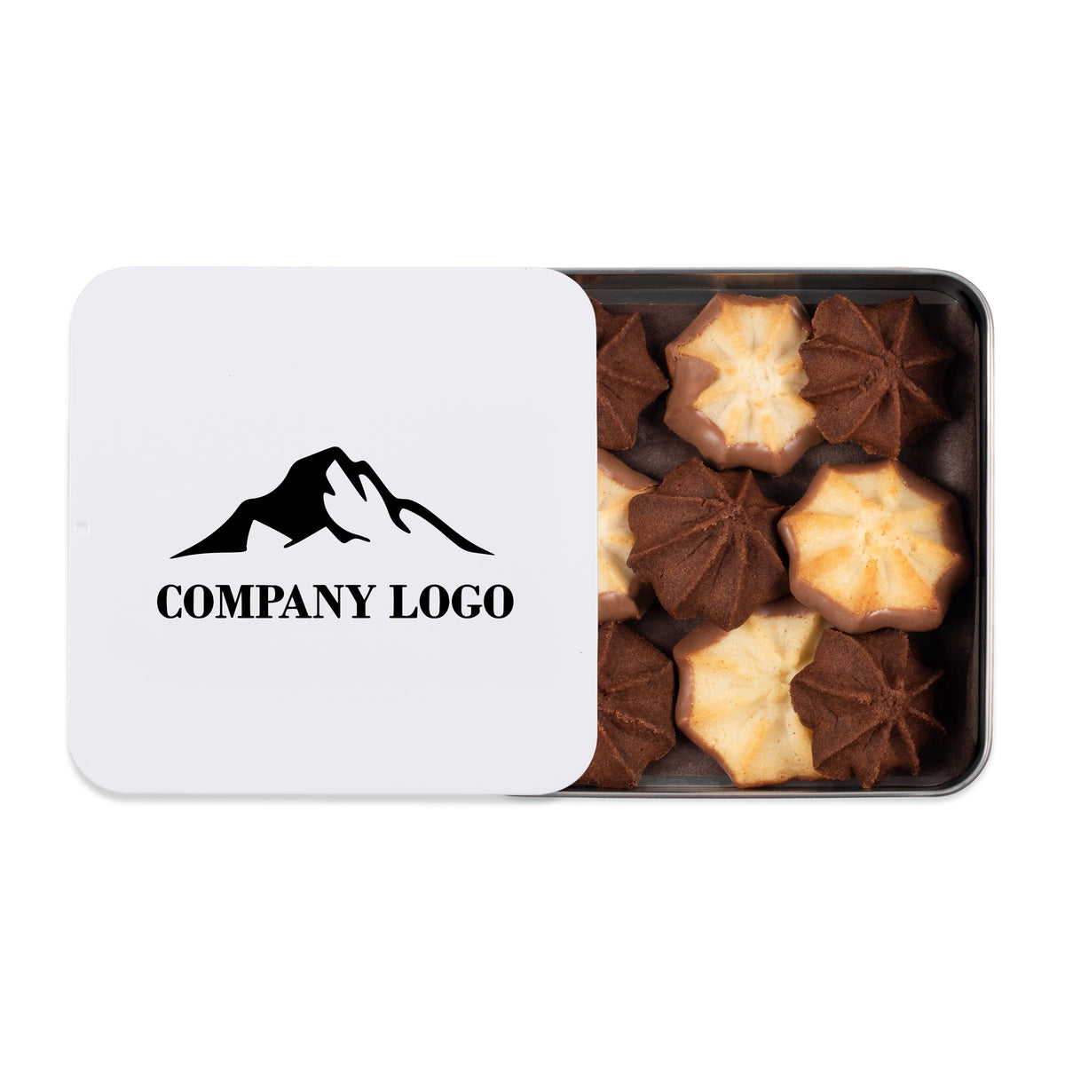 Boîte métallique blanche personnalisée de biscuits sablés chocolatés assortis