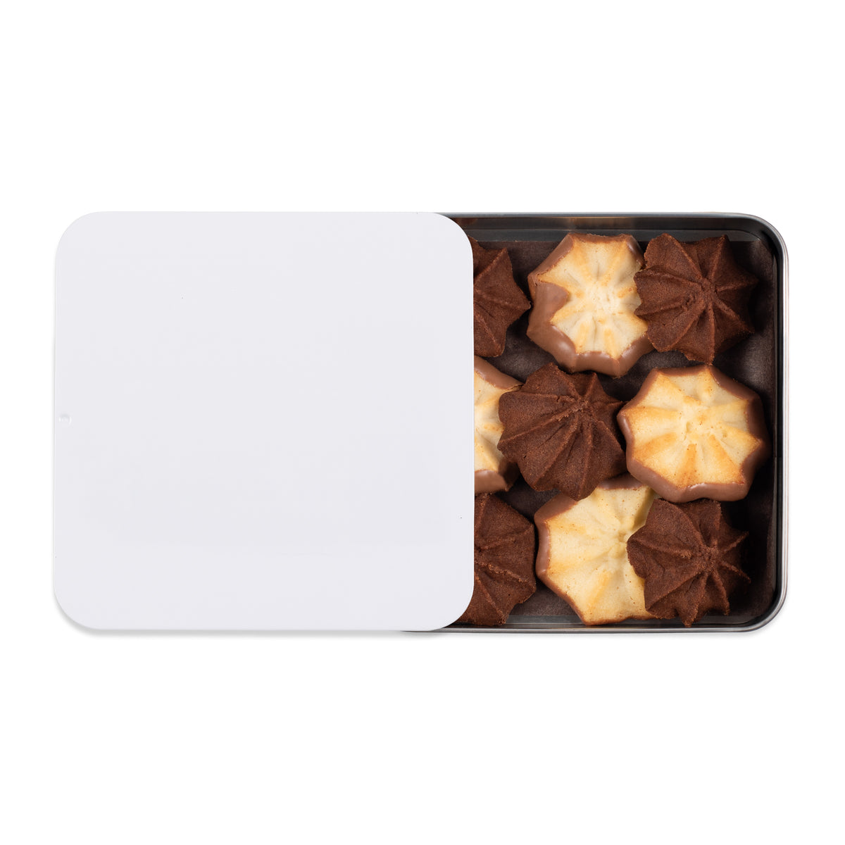 Boîte métallique blanche personnalisée de biscuits sablés chocolatés assortis