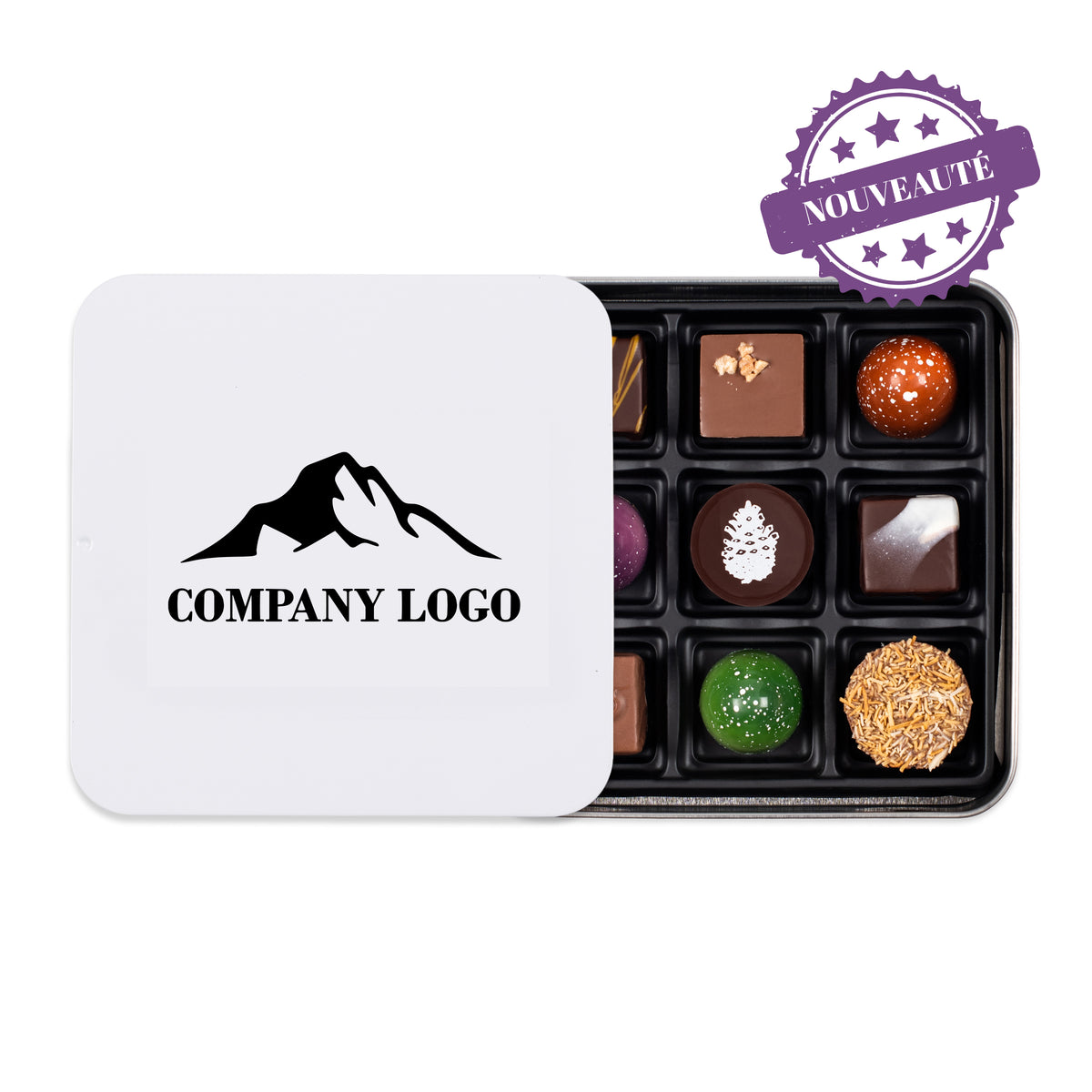 Boîte métallique blanche personnalisée de 9 chocolats assortis