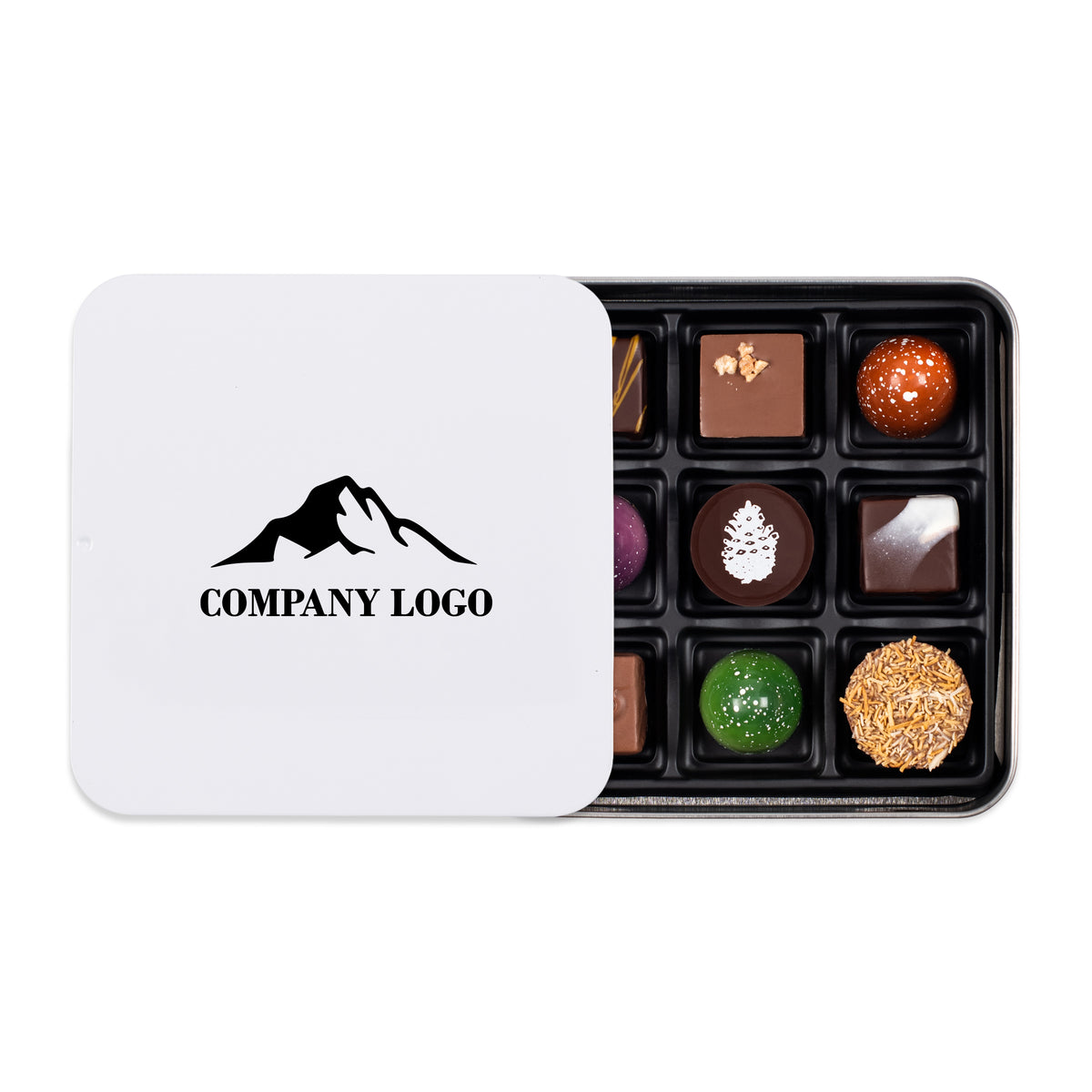 Boîte métallique blanche personnalisée de 9 chocolats assortis