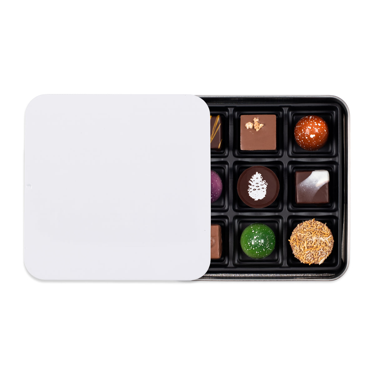 Boîte métallique blanche personnalisée de 9 chocolats assortis