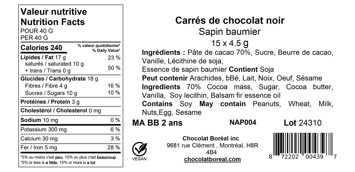 Carrés de chocolat &quot;Sapin Baumier&quot; - 4.5g