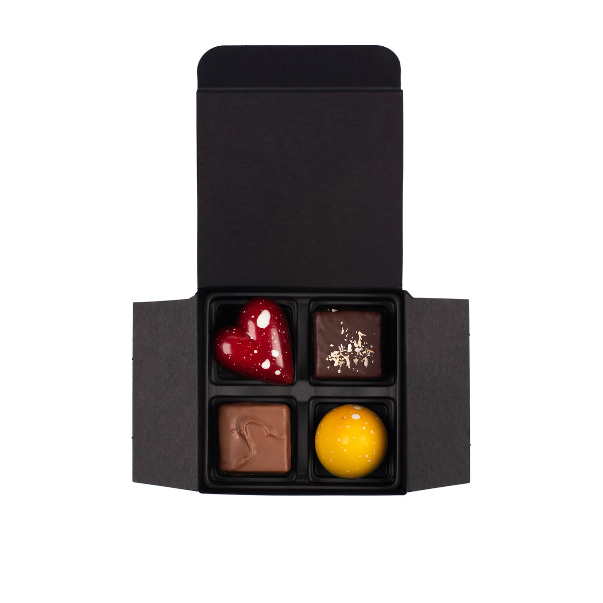 Boîte personnalisée noire de 4 chocolats sérigraphiée