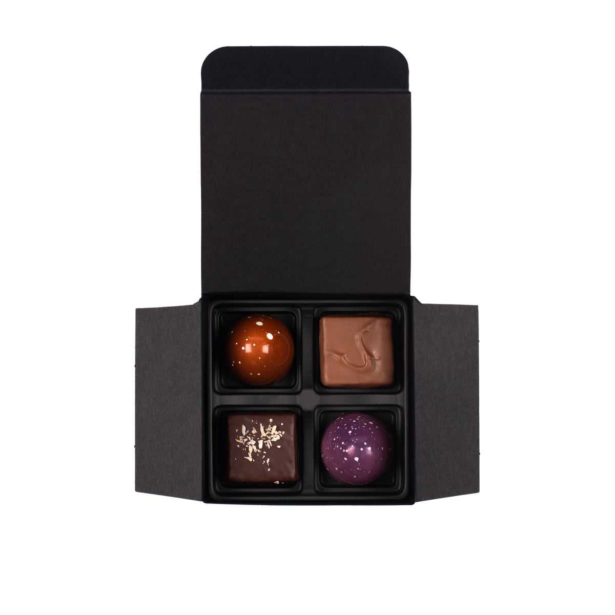 Boîte personnalisée noire de 4 chocolats sérigraphiée