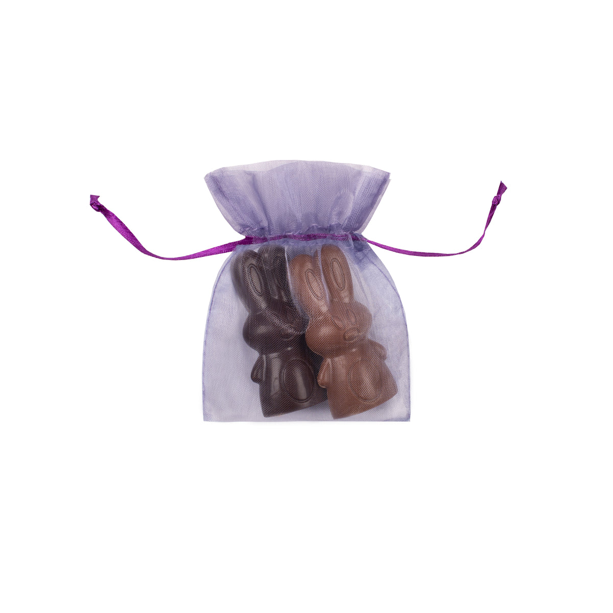 Pochette violette de 2 lapins pralinés de Pâques