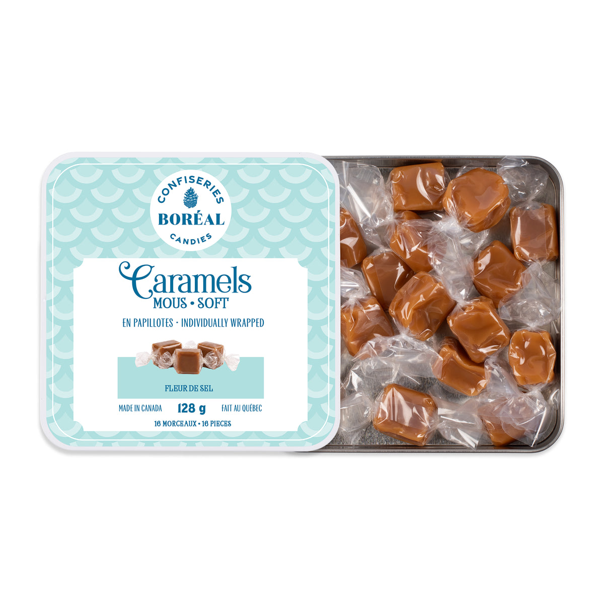 Boîte: Caramels MOUS - En papillotes : Fleur de sel (128g)