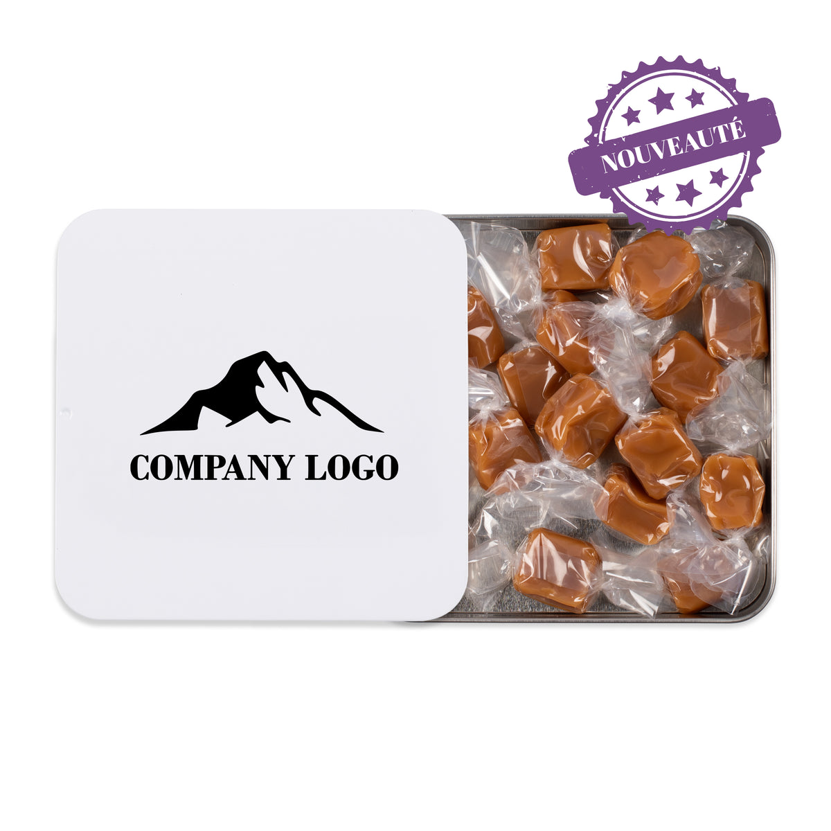 Boîte métallique blanche personnalisée de Caramels MOUS: Fleur de sel