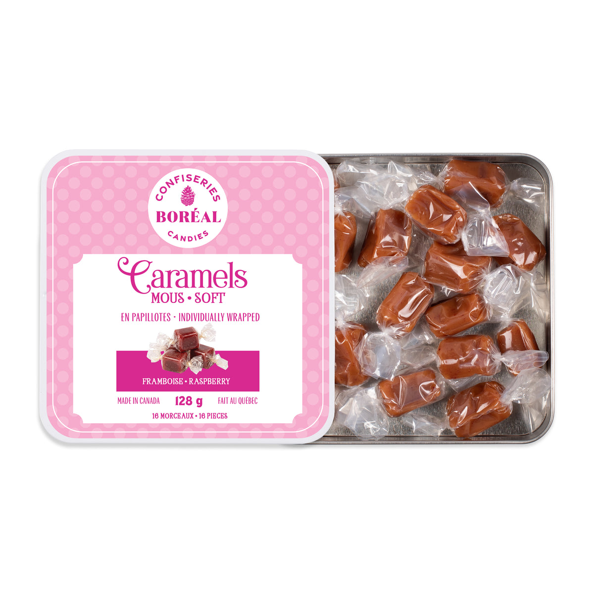Box: Caramels SOFT - Individually wrapped : Raspberry (128gr)