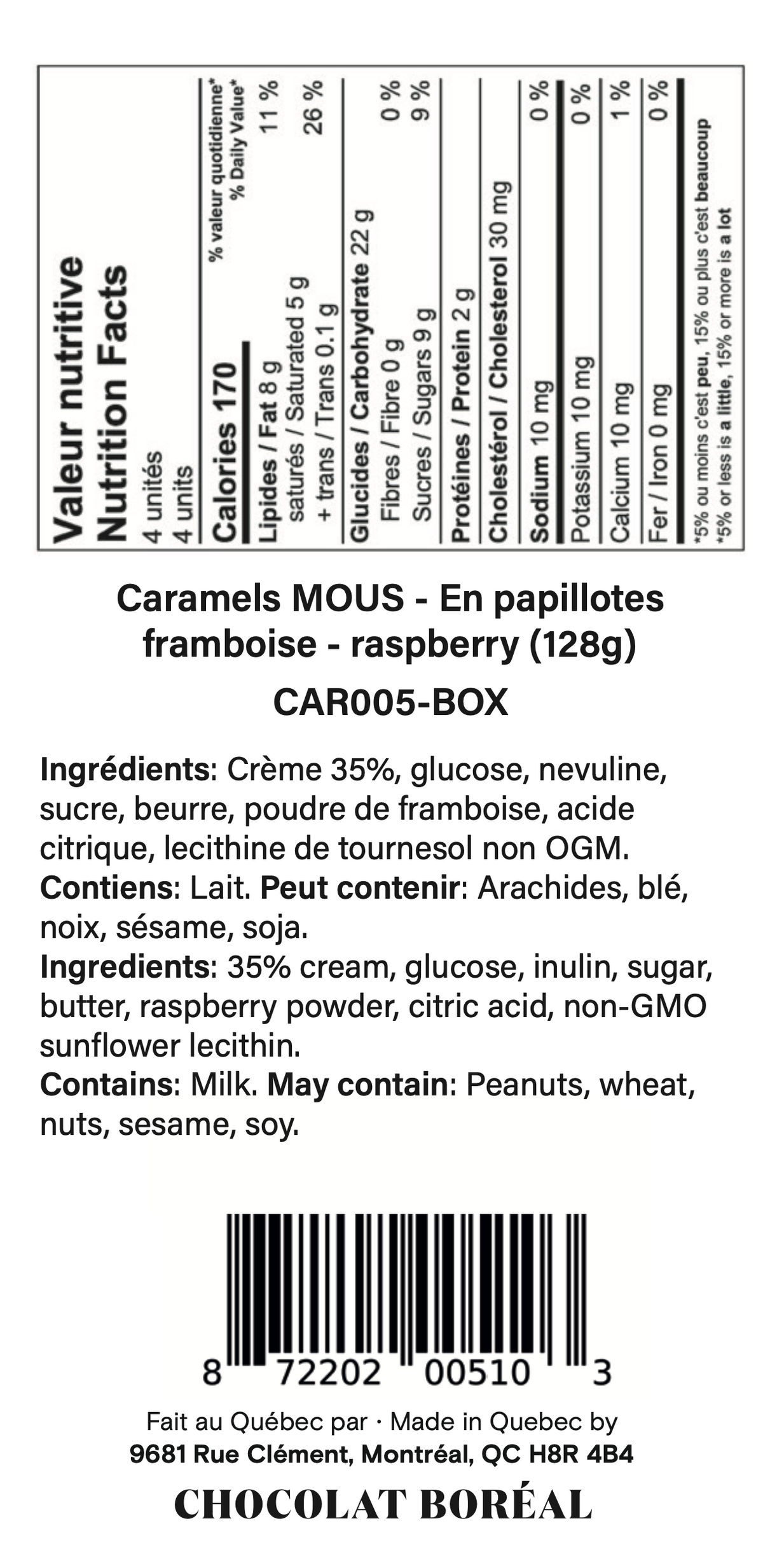 Box: Caramels SOFT - Individually wrapped : Raspberry (128gr)