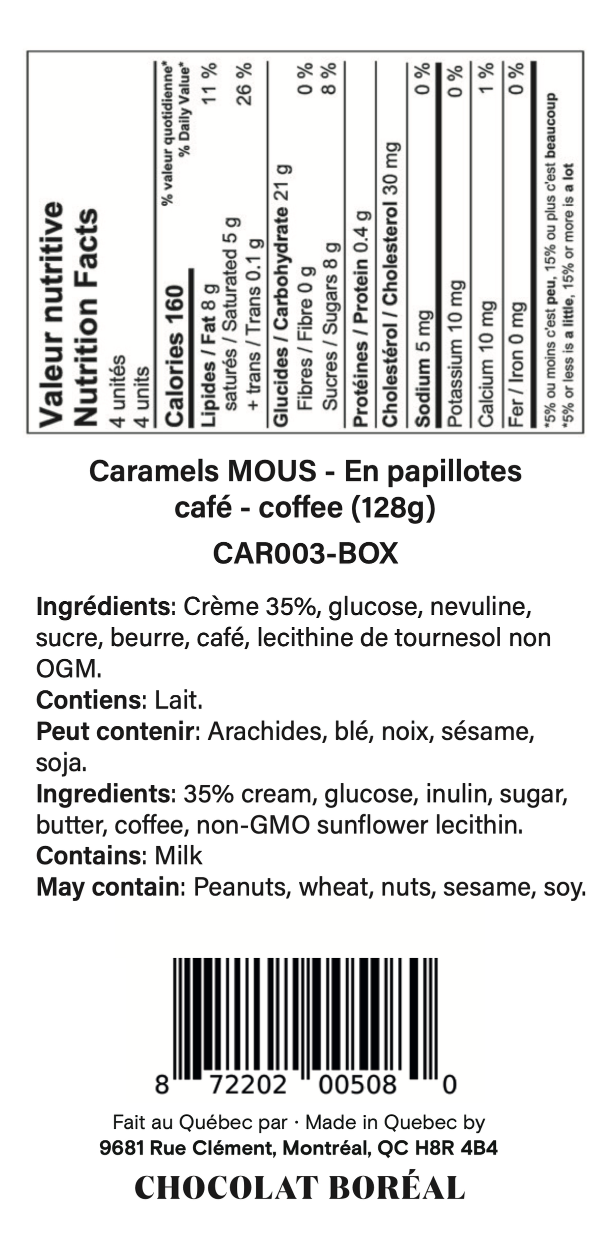 Boîte: Caramels MOUS - En papillotes : Café (128g)