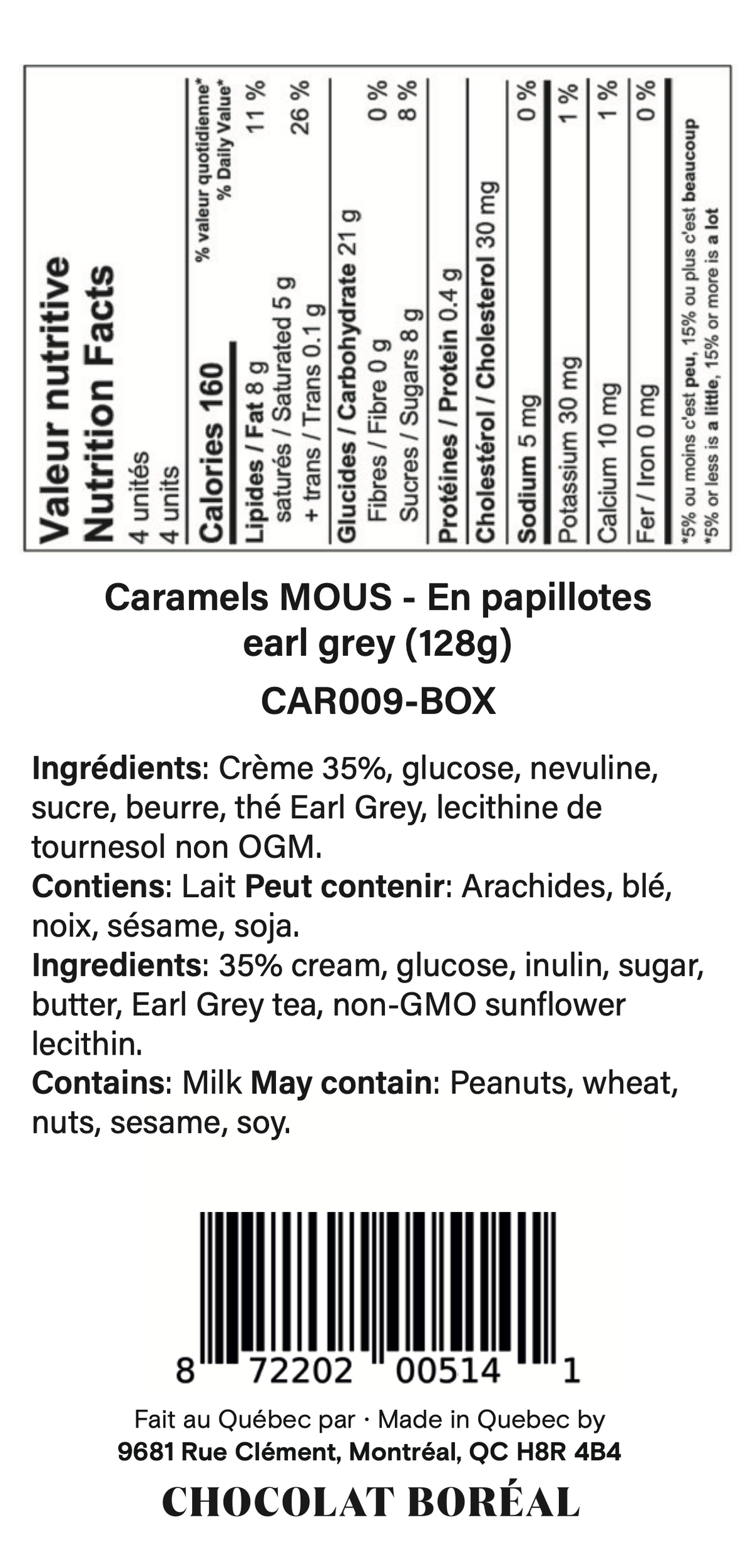 Boîte: Caramels MOUS - En papillotes : Earl grey (128g)