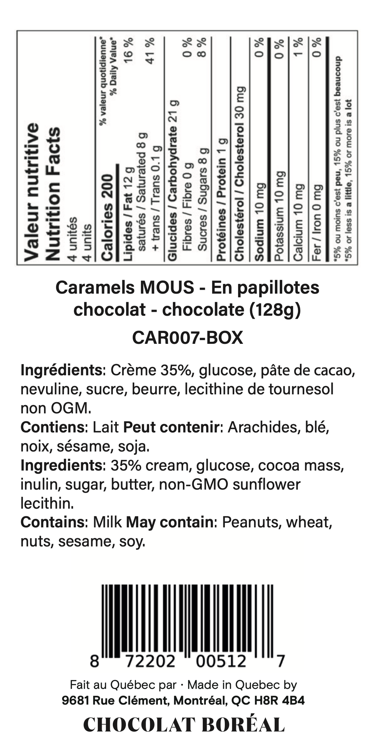 Box: Caramels SOFT - Individually wrapped : Chocolate (128gr)