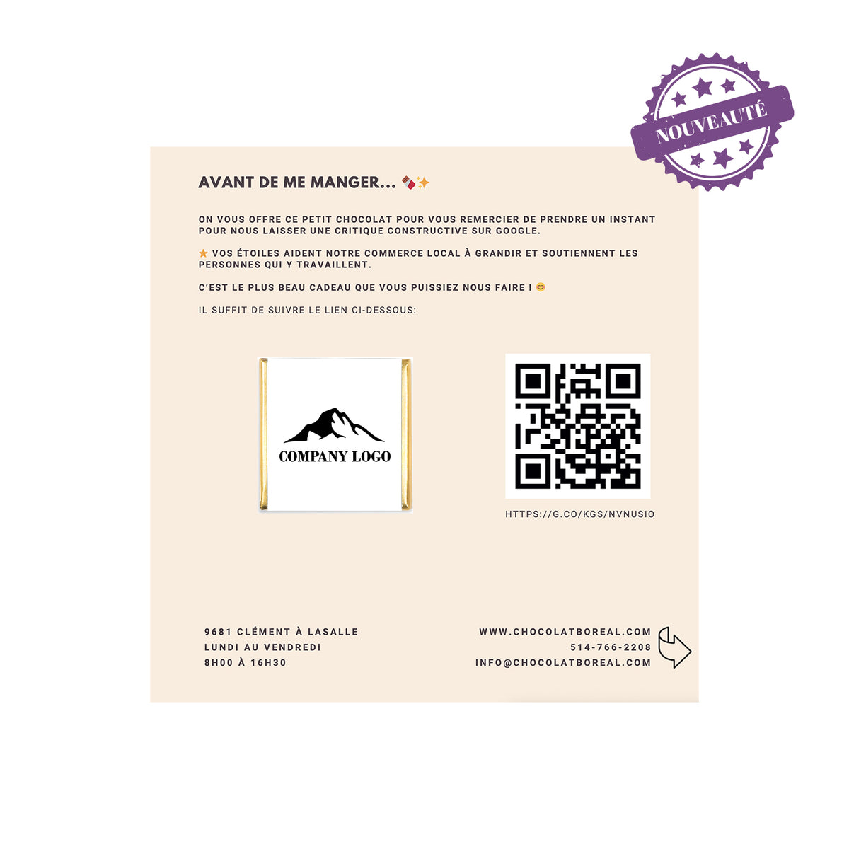 Customized chocolate square + cardboard