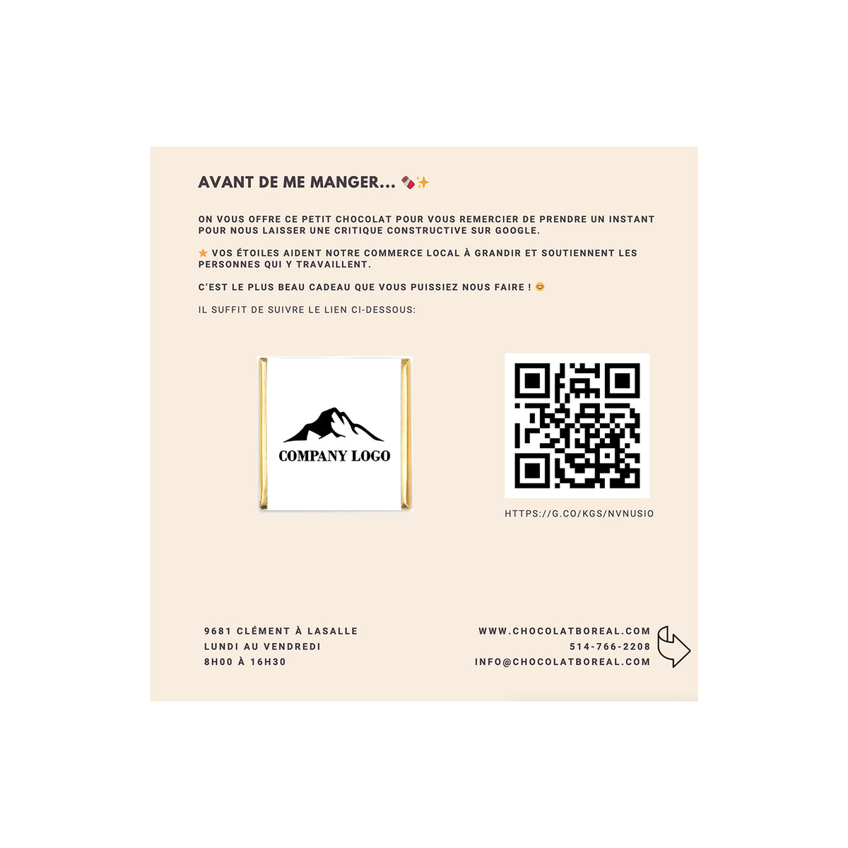 Carrés de chocolat personnalisés + carton