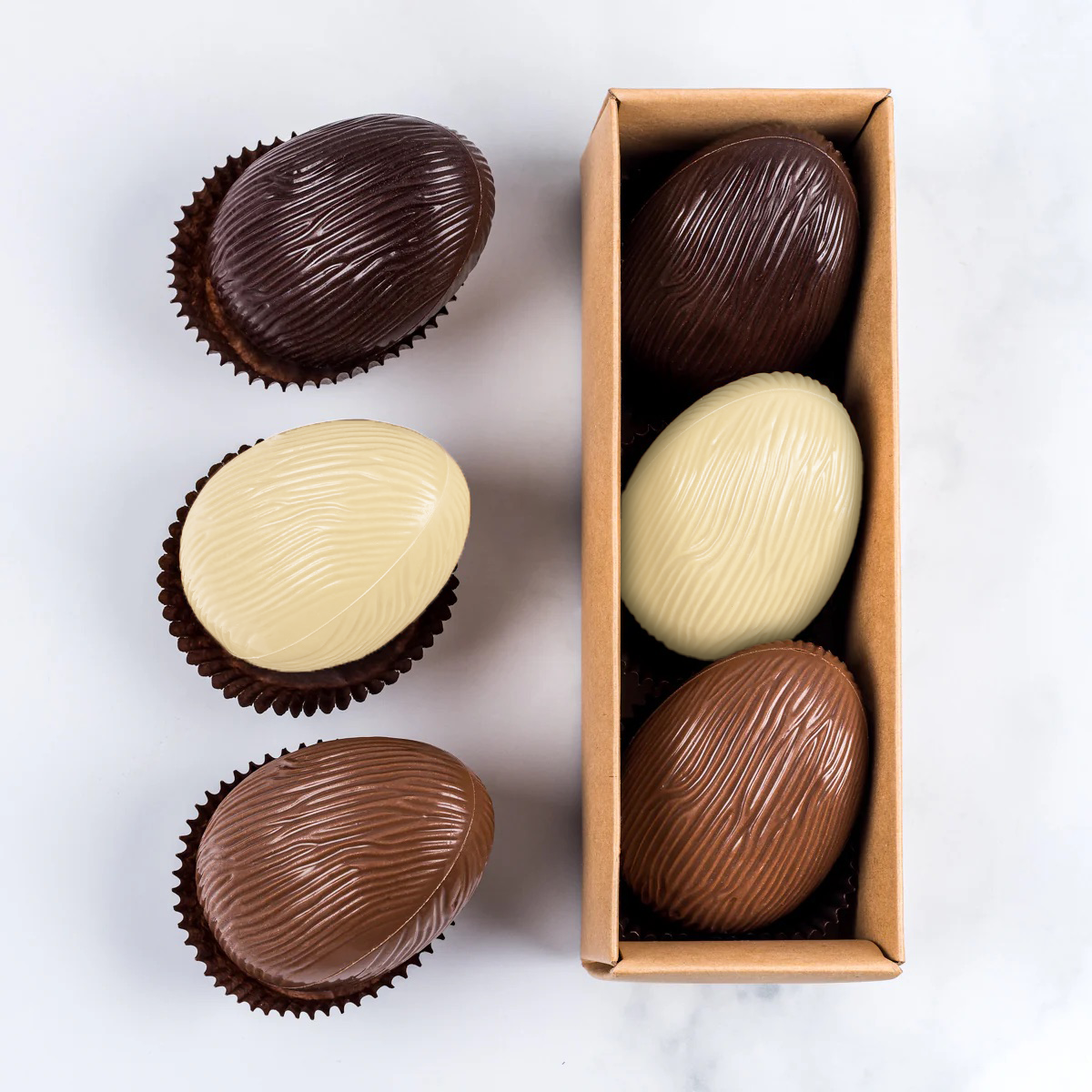 Trio of natural chocolate eggs