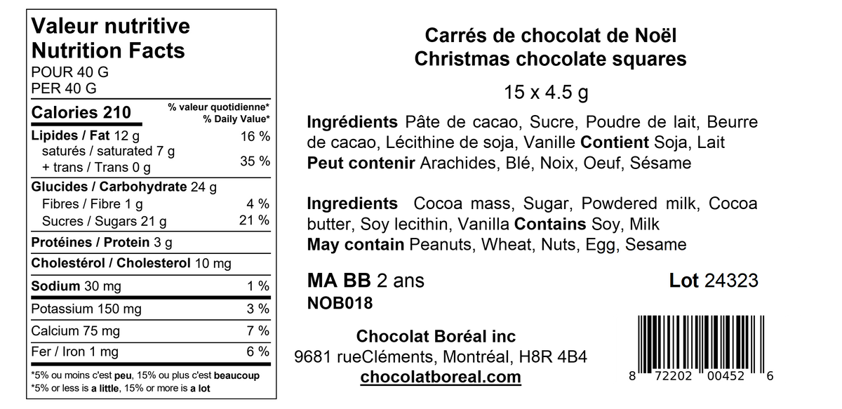 Sachet de 15 carrés de chocolat de Noël