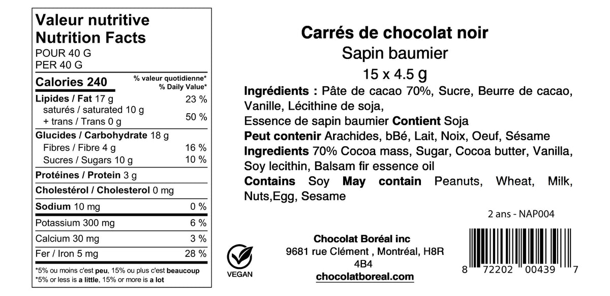 Sachet de 15 carrés de chocolat au sapin baumier