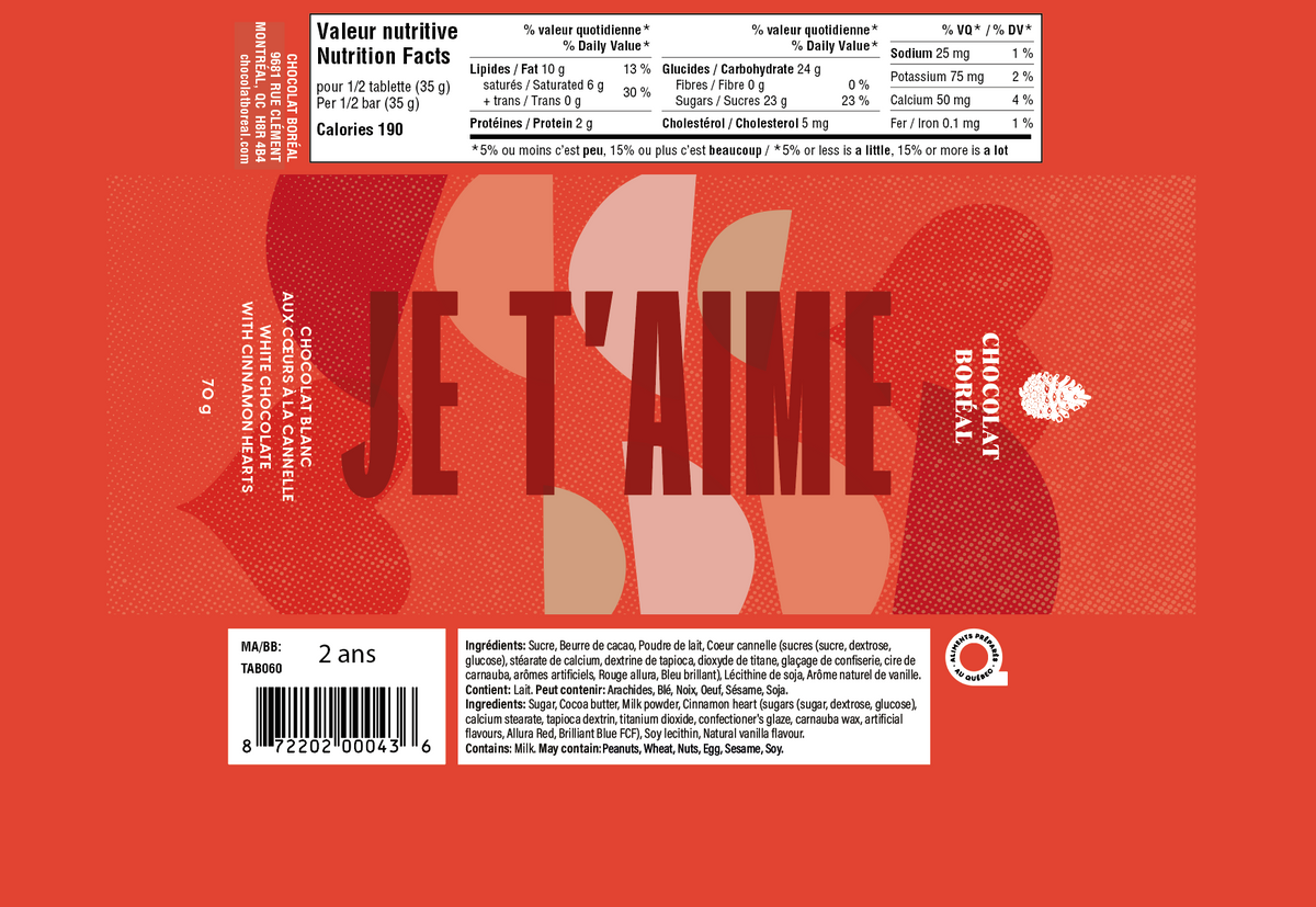 Je t&#39;aime BLANC - Coeurs cannelle (70g)