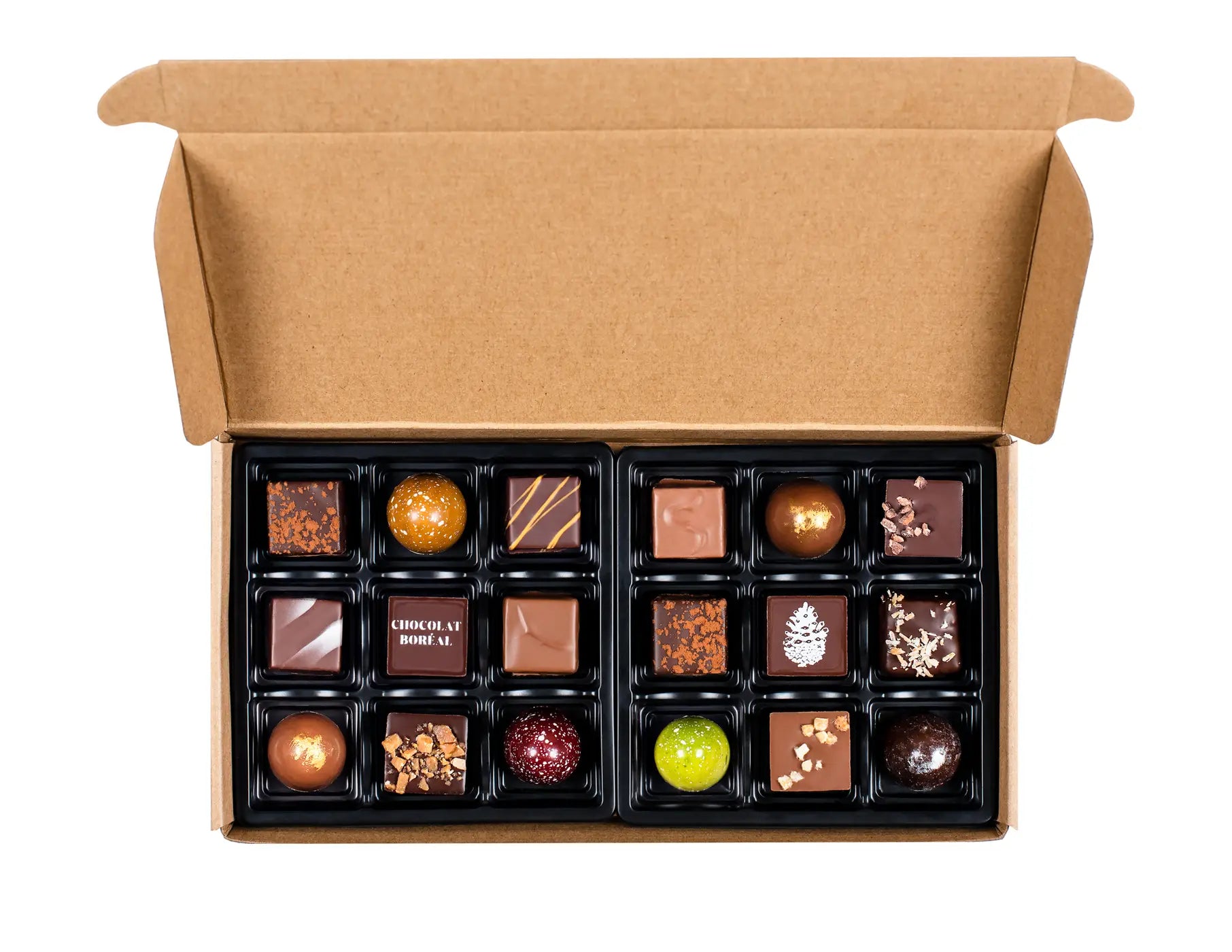 Boîte personnalisée de 18 chocolats assortis - Chocolat Boréal